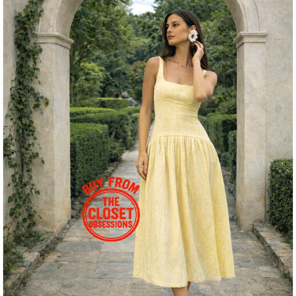 ZARA Yellow Textured Midi Dress NWT Square Neck Open Back Cottagecore Size S - Picture 6 of 16